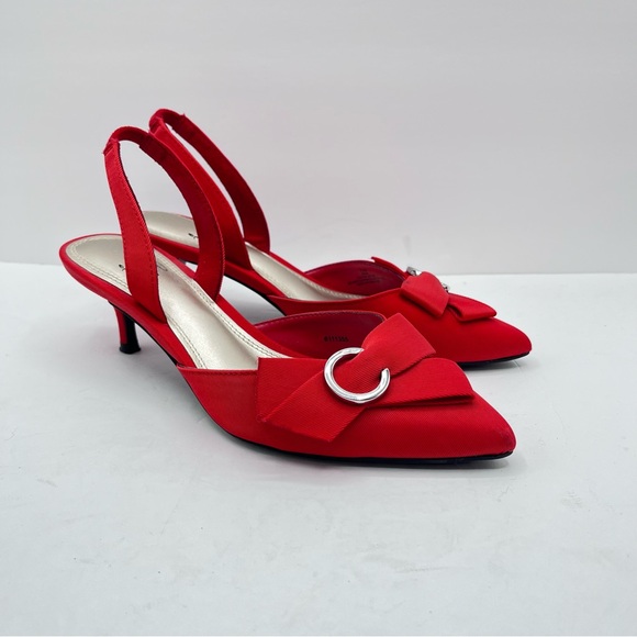 Impo Shoes - Impo Women’s Size 7.5M Enna Red Bow-Trimmed Pointed Toe Slingback Kitten Heels